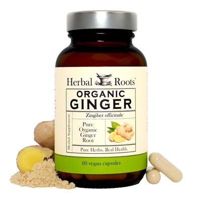 Herbal Roots Ginger Supplement | Organic Ginger Root Capsules | 1,200 mg of Pure Ginger Powder per Serving | 60 Vegan Capsules