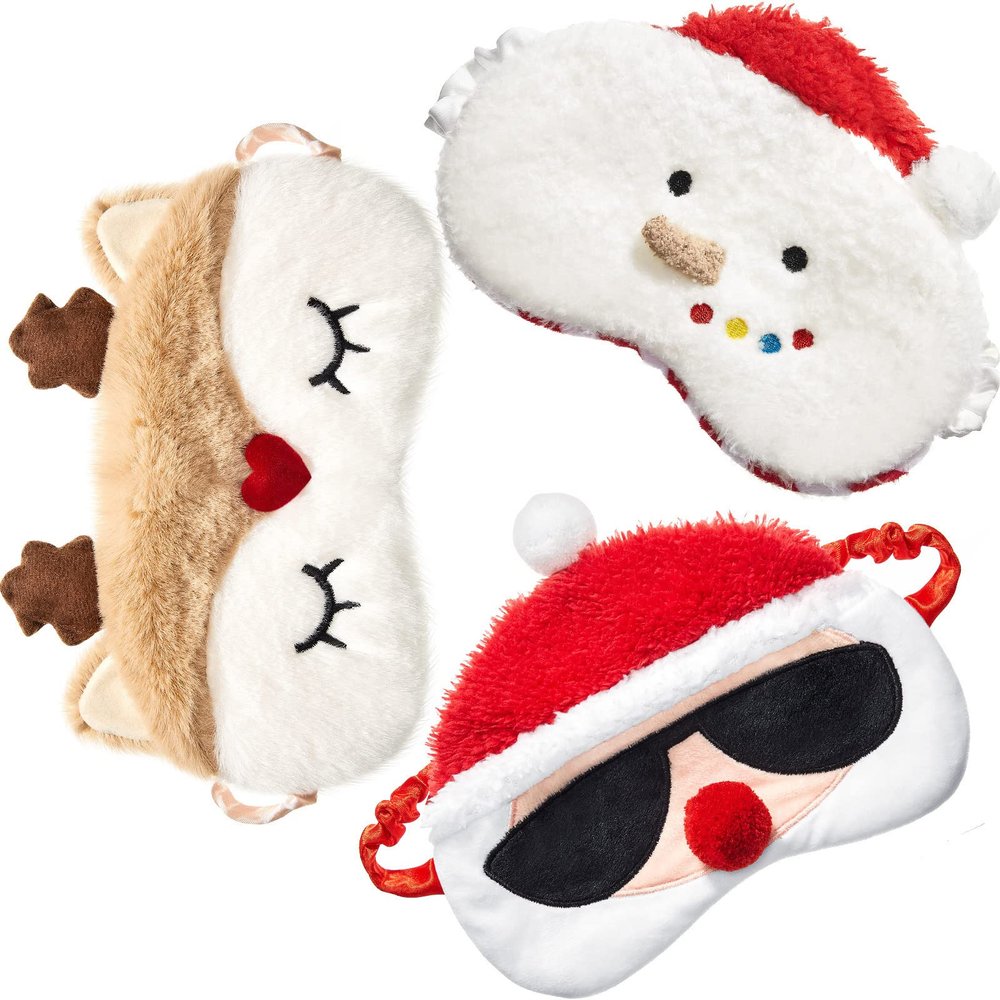 3 Pieces Christmas Eye Masks for Boys and Girls Sleeping Mask for Kids Sleep for Christmas, Santa Snowman Reindeer Cute Soft Plush Blindfold Gifts for Children Family Party Present