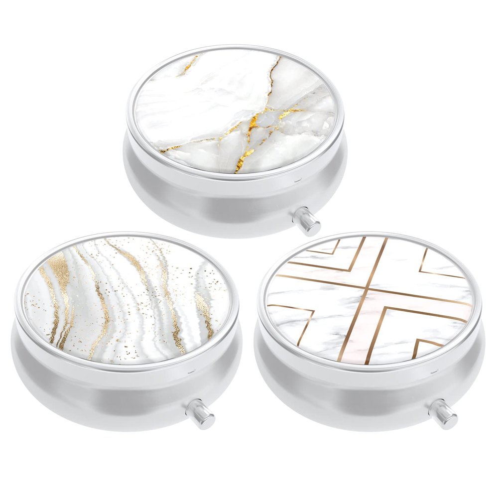 3 Pack Pill Box, Small Pill Case for Purse & Pocket, Cute Travel Medicine Organizer, Portable Medicine Container Holder to Hold Vitamins, Medication, Fish Oil & Supplement, White Marble