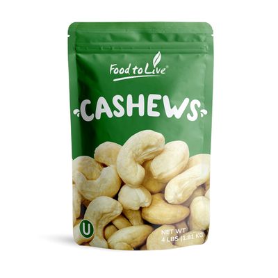 Food to Live Dry Roasted Whole Cashews, 4 Pounds Unsalted, Oven Roasted Nuts, No Oil Added, Kosher, Vegan, Bulk. Crunchy Texture. Good Source of Protein and Fats