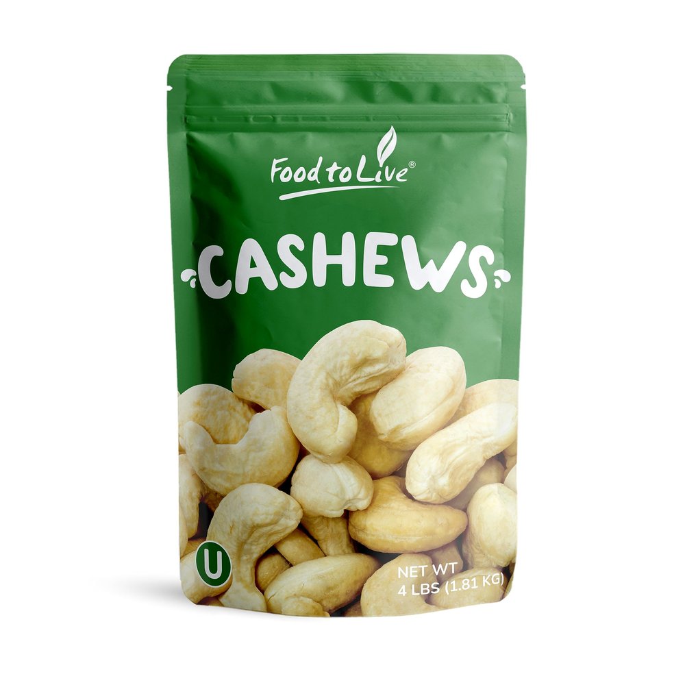 Food to Live Dry Roasted Whole Cashews, 4 Pounds Unsalted, Oven Roasted Nuts, No Oil Added, Kosher, Vegan, Bulk. Crunchy Texture. Good Source of Protein and Fats