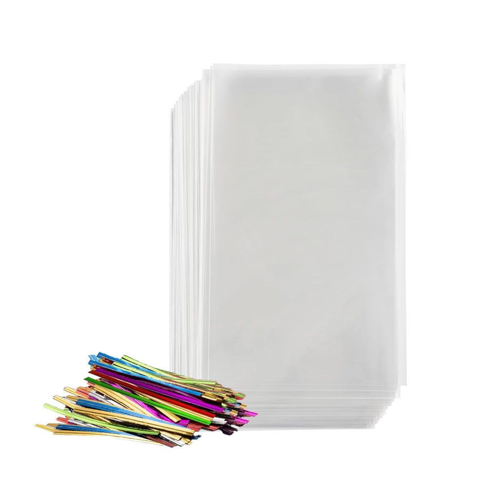 Prestee 200 Pack Clear Plastic Cellophane Bags Goodie Bags 4x9 with 4-Inch Twist Ties, Candy Bags, Cookie Bags, Favor Bags with Ties, Clear Gift Bags, Cellophane Bags (Pack of 200)