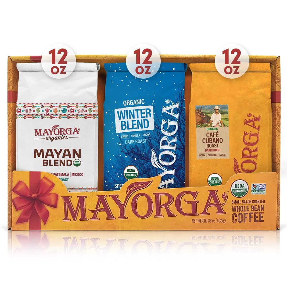 Mayorga Coffee Gift Pack of 3,12 oz bags-Cubano Roast Dark Roast, Mayan Blend Medium Roast, Muy Macho Bold Dark Roast-100% Arabica Whole Bean Caf Organic Coffee-Specialty Grade,Non-GMO,Direct Trade