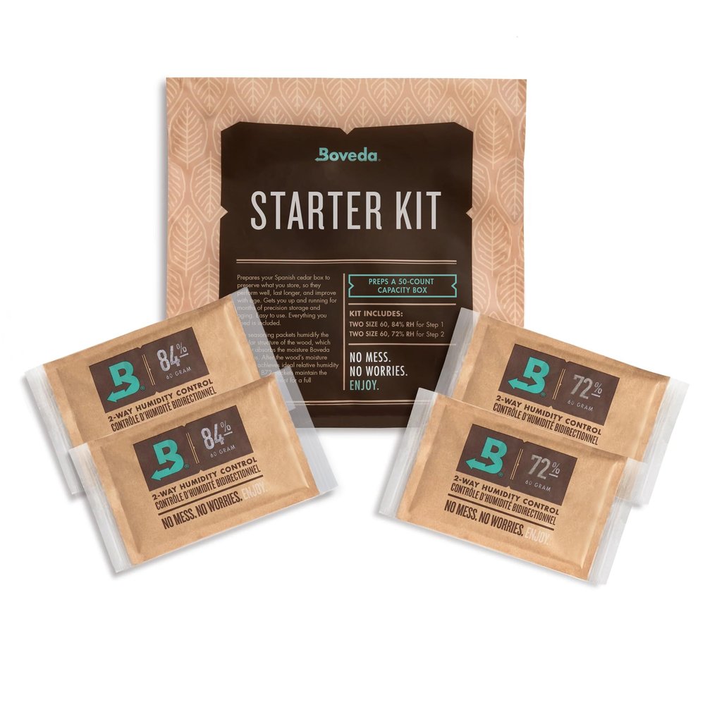 Boveda Starter Kit Bundle: Season a Wooden Storage Box Plus Maintain Humidity with 2-Way Humidity Control | Includes (2) Each Size 60 Boveda 84% RH & 72% RH | 1-Count