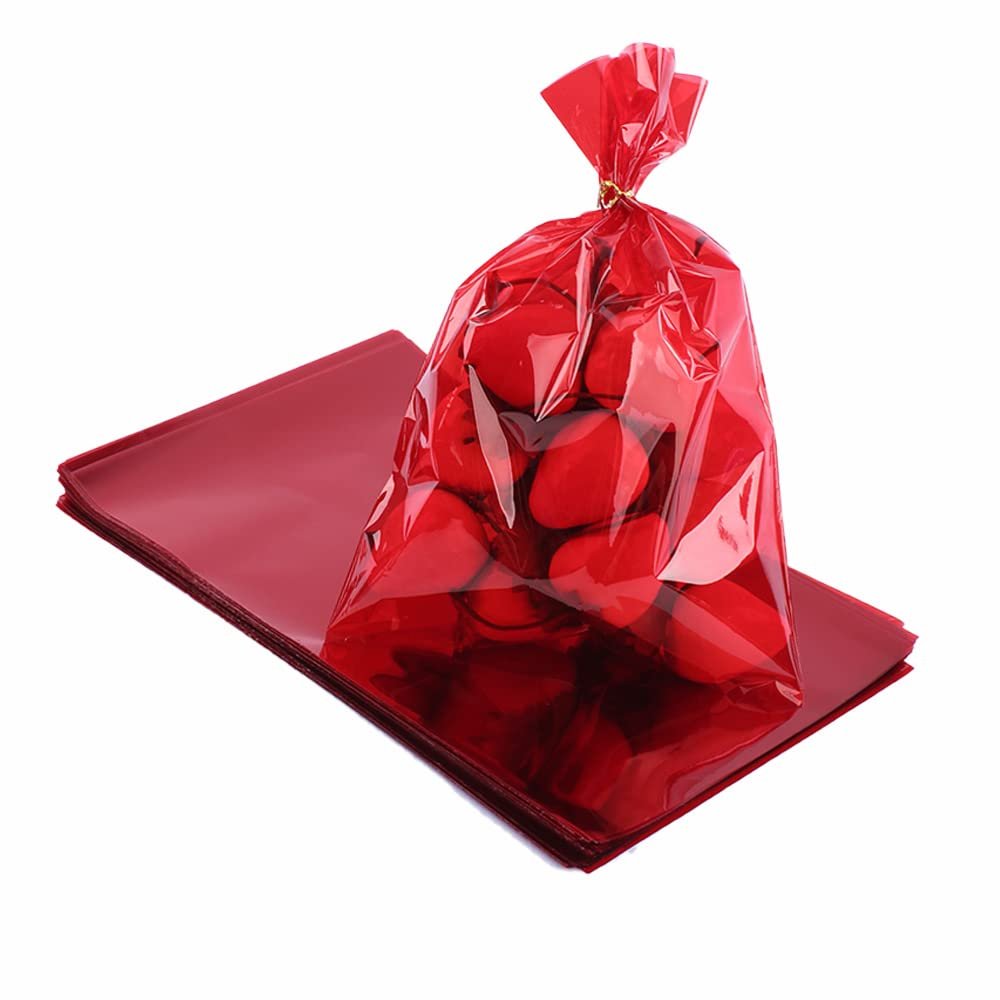 CC wonderland zone Red Cellophane Treat Bags - 50 Pack Gift Cello Plastic Bags with Ties,for Candy Cookie Goodie Party Favors,6x9 inch