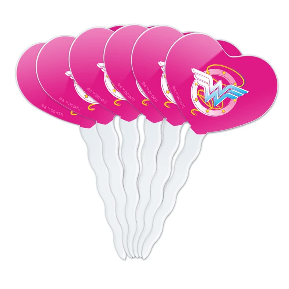 Wonder Woman 80th Pastel Logo Heart Love Cupcake Picks Toppers Decoration Set of 6