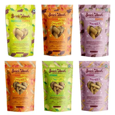 SnackAmor Tea Time Healthy Snacks Goodness Of Jowar & Quinoa Minimally Processed Jowar Sticks And Quinoa Puffs 3 Flavors Each (Pack Of 6 - 300G)