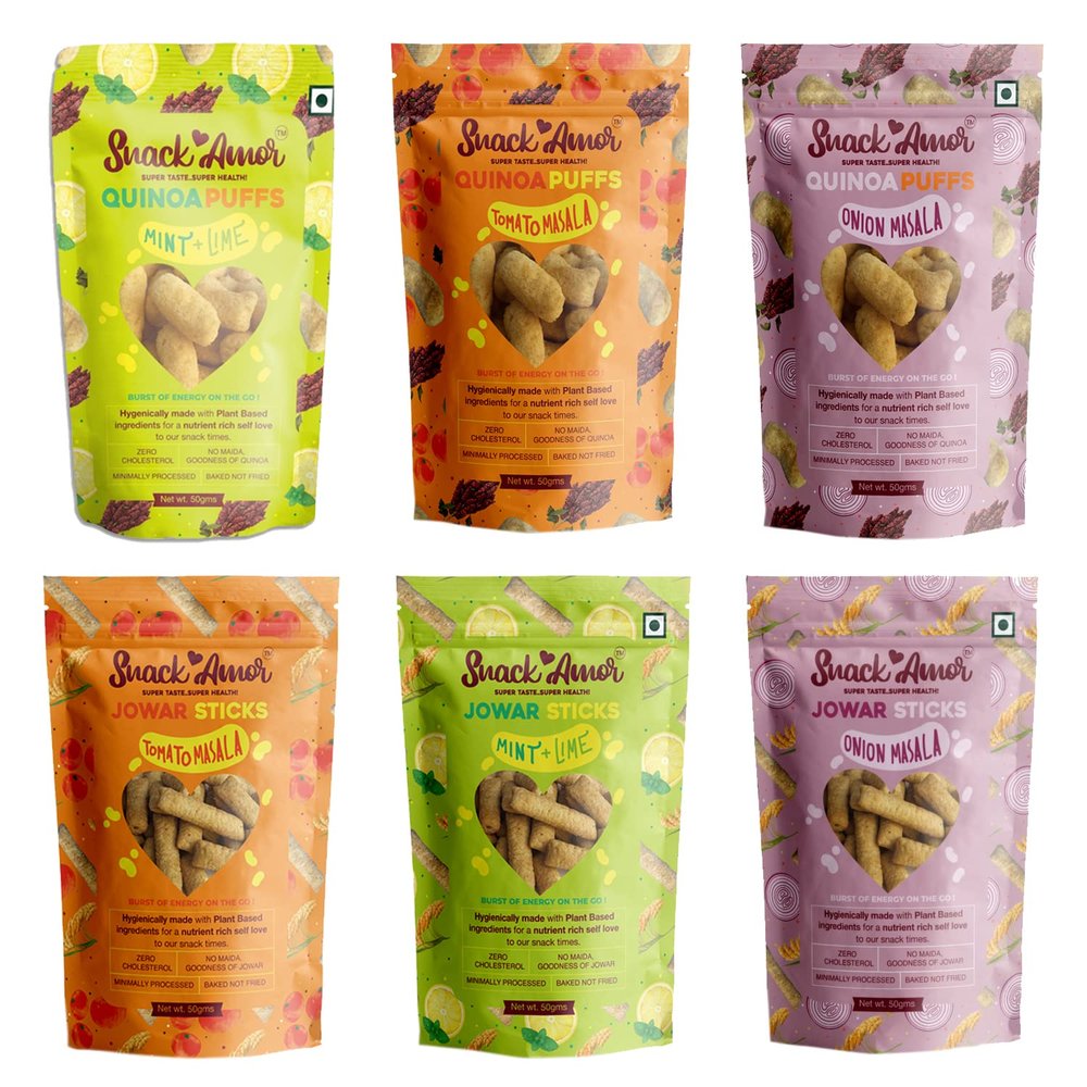 SnackAmor Tea Time Healthy Snacks Goodness Of Jowar & Quinoa Minimally Processed Jowar Sticks And Quinoa Puffs 3 Flavors Each (Pack Of 6 - 300G)