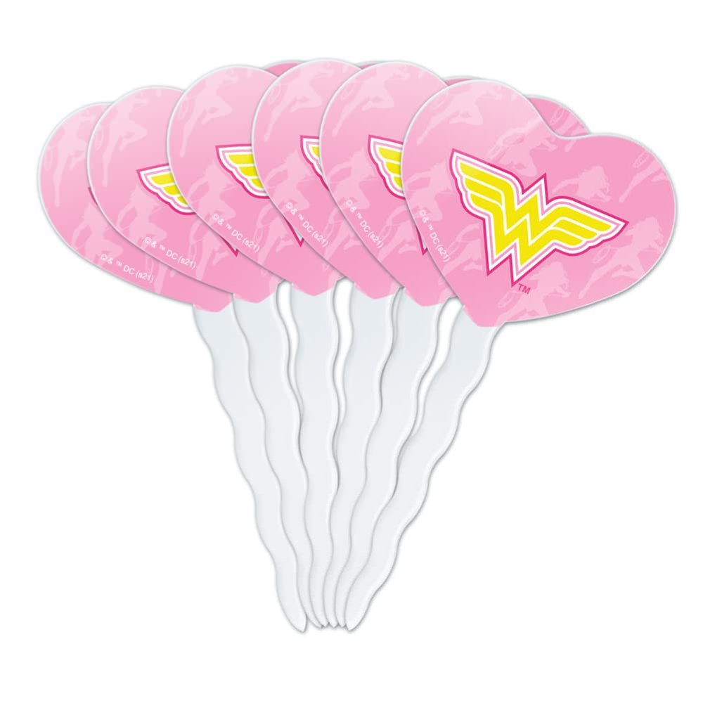 GRAPHICS & MORE Wonder Woman 80th Logo Pattern Heart Love Cupcake Picks Toppers Decoration Set of 6