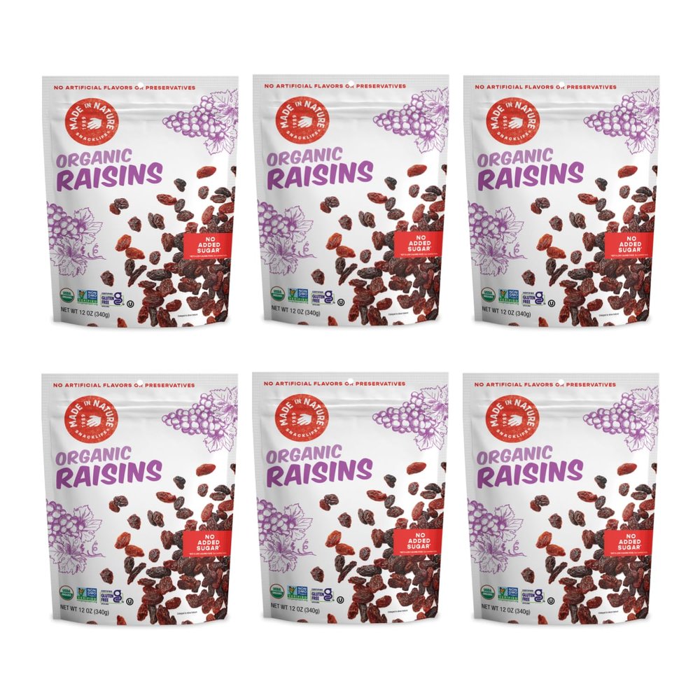 Made In Nature Organic Dried Raisins, 12 Ounce (Pack of 6)  Vegan Snack, Non-GMO, Kosher