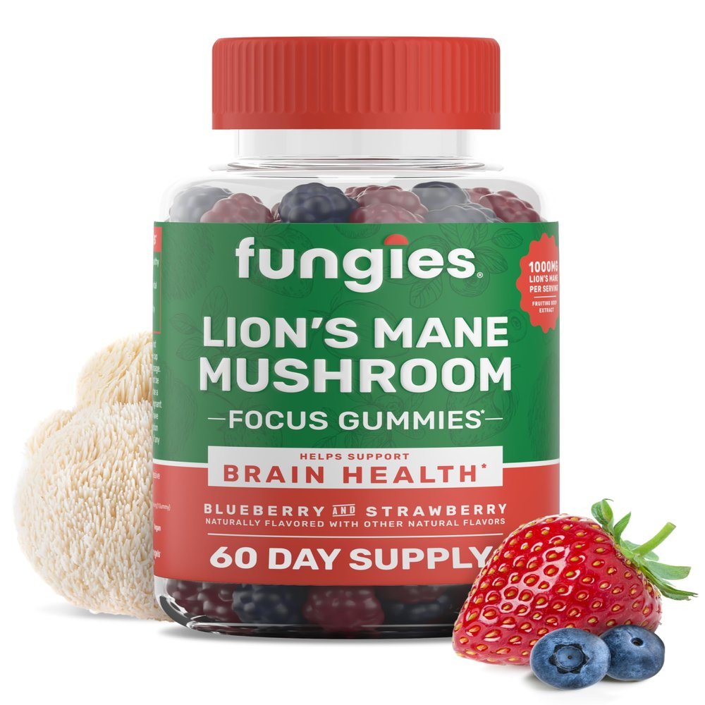 Fungies Lion's Mane Mushroom Gummies, Mixed Blueberry & Strawberry Flavor - Mushroom Supplement Gummy for Adults & Children Supports Brain Health, Cognitive Function, Focus, Memory & Mood, 60 Servings