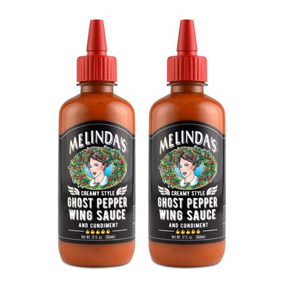 Melindas Ghost Pepper Wing Sauce - 12 Oz, 2 Pack - Gourmet Spicy Hot Sauce - Made with Fresh Ingredients, Ghost Peppers (Bhut Jolokia), Habanero Pepper, Carrot, Garlic, Lime - Vegan, Gluten Free