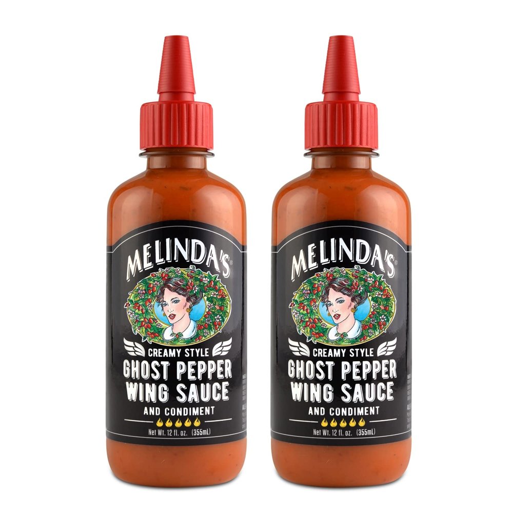 Melindas Ghost Pepper Wing Sauce - 12 Oz, 2 Pack - Gourmet Spicy Hot Sauce - Made with Fresh Ingredients, Ghost Peppers (Bhut Jolokia), Habanero Pepper, Carrot, Garlic, Lime - Vegan, Gluten Free