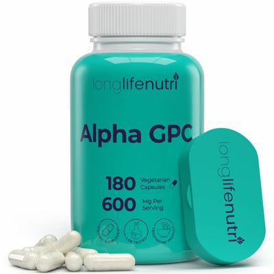 Alpha GPC Choline Supplement 600mg  180 Vegetarian Capsules, High Purity Nootropic for Daily Energy, 3-Month Supply, Acetylcholine Source for Cognitive & Mental Clarity, GMP Certified, Made in USA