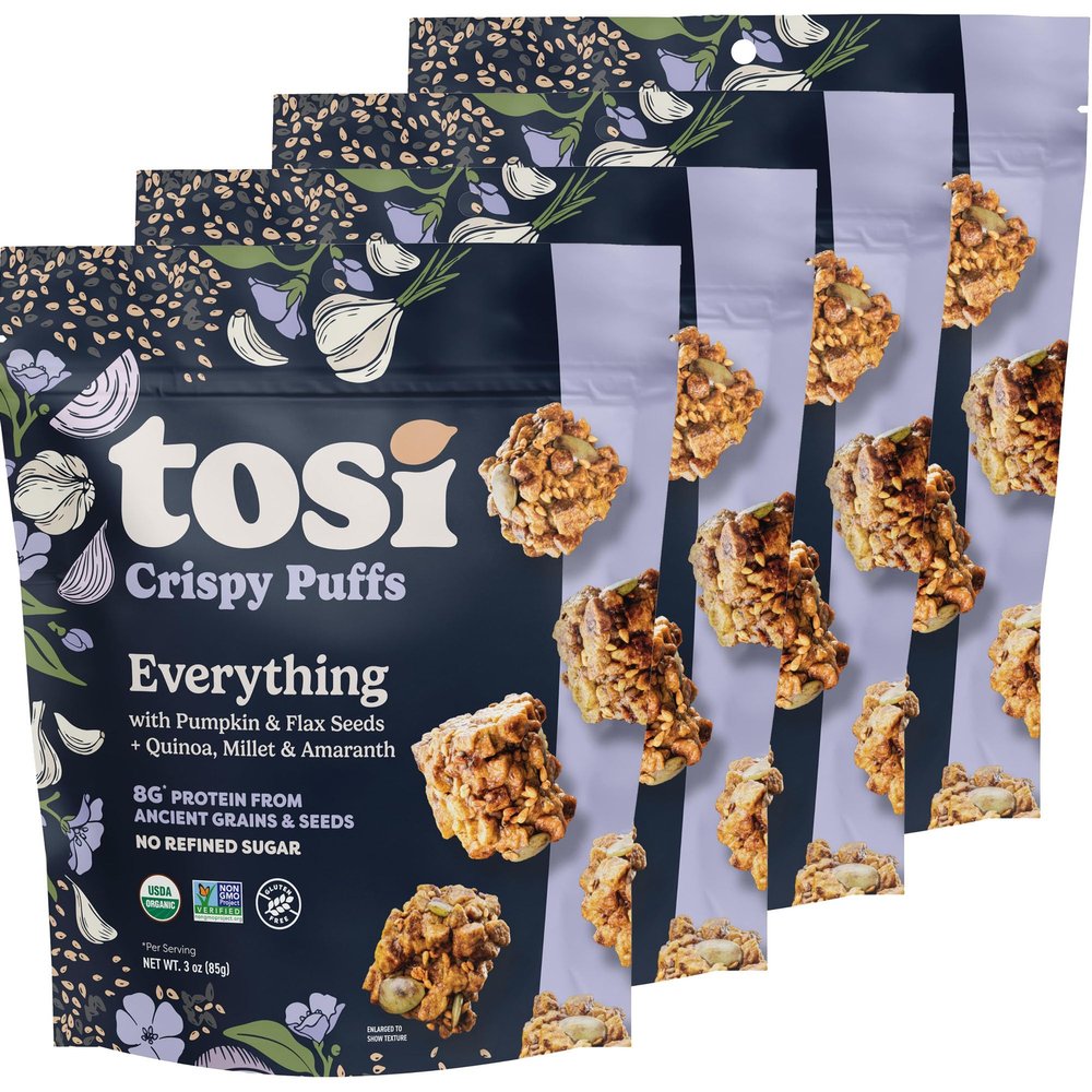 Tosi Crispy Puffs (3oz, 4 Pack), Vegan Crunchy Snacks, 8g Plant Based Protein, Nut-Free, Allergen Friendly, Healthy Snacks for Adults & Kids, Gluten Free Treats, Ancient Grains (Everything)