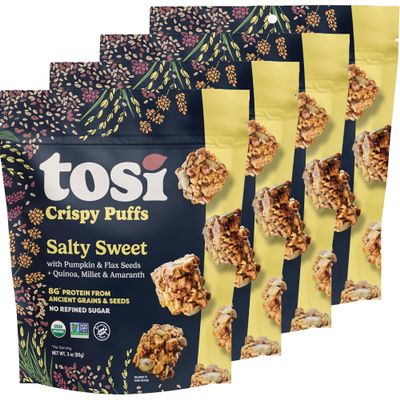 Tosi Crispy Puffs (3oz, 4 Pack), Vegan Crunchy Snacks, 8g Plant Based Protein, Nut-Free, Allergen Friendly, Healthy Snacks for Adults & Kids, Gluten Free Treats, Ancient Grains (Salty Sweet)