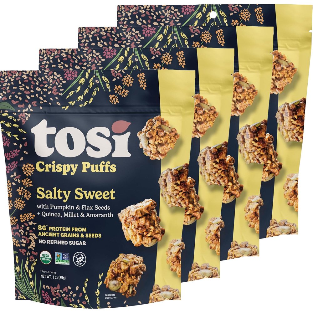 Tosi Crispy Puffs (3oz, 4 Pack), Vegan Crunchy Snacks, 8g Plant Based Protein, Nut-Free, Allergen Friendly, Healthy Snacks for Adults & Kids, Gluten Free Treats, Ancient Grains (Salty Sweet)