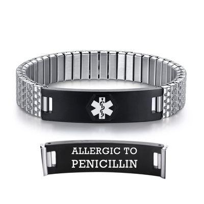 AOAMID Stretch Medical Alert Bracelets for Men Stainless Steel medical Bracelets for women with Free engraving-(allergy to penicillin-silver-black-8.5 in)