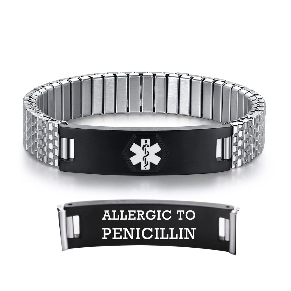 AOAMID Stretch Medical Alert Bracelets for Men Stainless Steel medical Bracelets for women with Free engraving-(allergy to penicillin-silver-black-8.5 in)