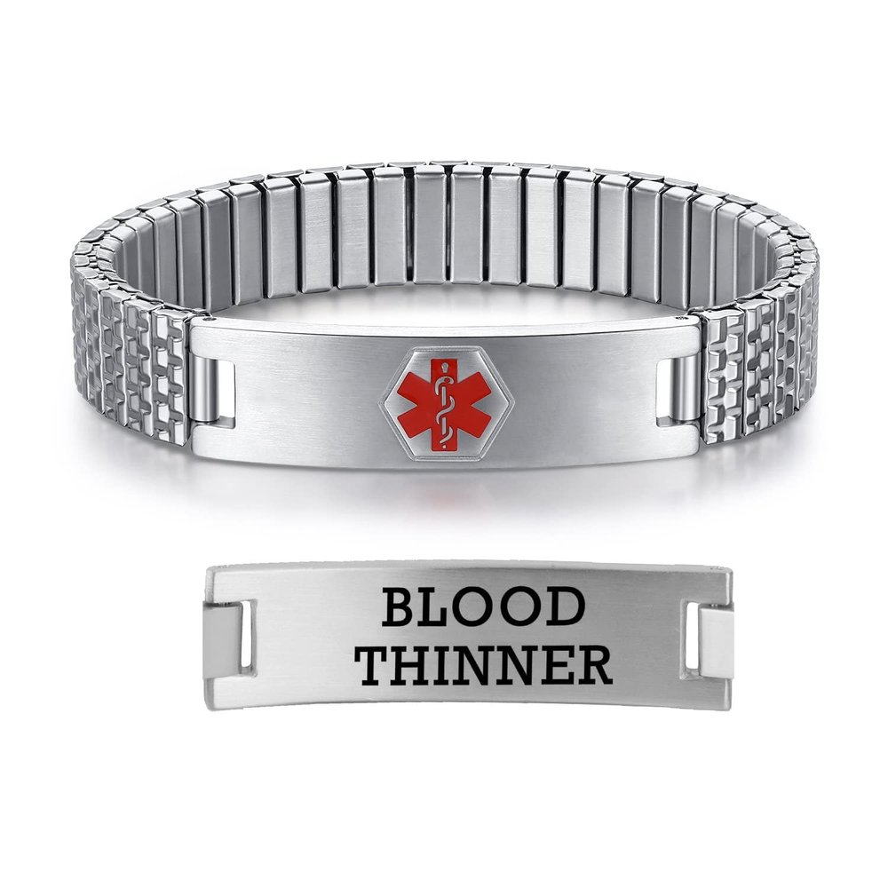 AOAMID Stretch Medical Alert Bracelets for Men Stainless Steel medical Bracelets for women with Free engraving-(blood thinner-silver-8.5 in)