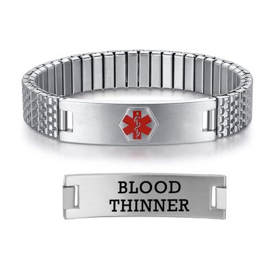 AOAMID Stretch Medical Alert Bracelets for Men Stainless Steel medical Bracelets for women with Free engraving-(blood thinner-silver-7.75 in)