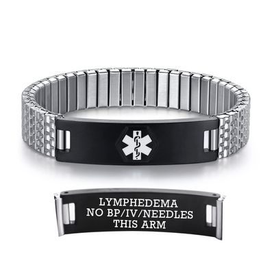 AOAMID Stretch Medical Alert Bracelets for Men Stainless Steel medical Bracelets for women with Free engraving-(lymphedema alert-silver-black-7.75 in)