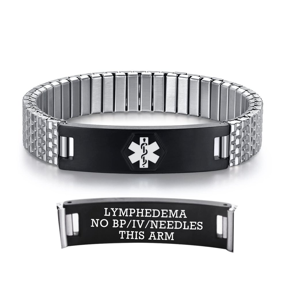 AOAMID Stretch Medical Alert Bracelets for Men Stainless Steel medical Bracelets for women with Free engraving-(lymphedema alert-silver-black-7.75 in)