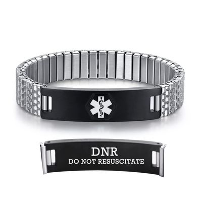 AOAMID Stretch Medical Alert Bracelets for Men Stainless Steel medical Bracelets for women with Free engraving-(dnr-silver-black-7.75 in)