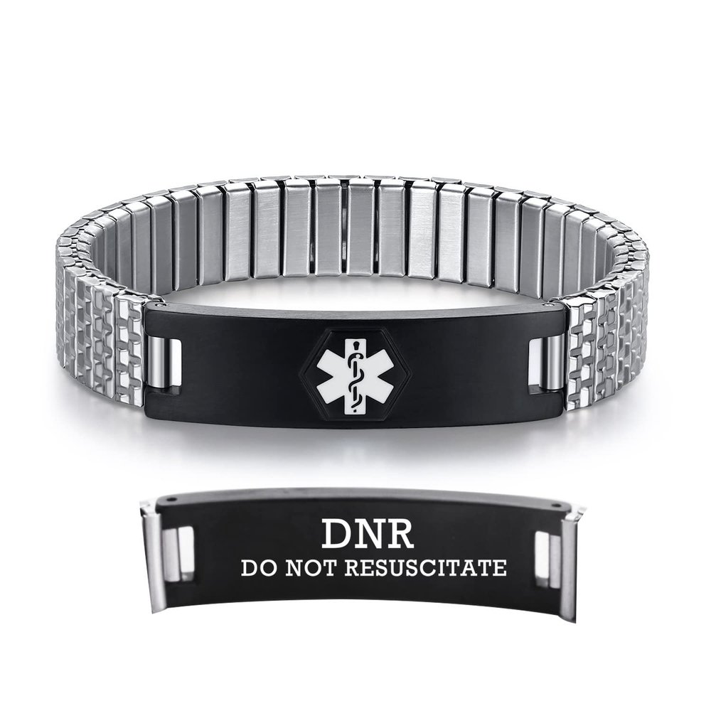 AOAMID Stretch Medical Alert Bracelets for Men Stainless Steel medical Bracelets for women with Free engraving-(dnr-silver-black-7.75 in)