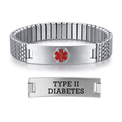 AOAMID Stretch Medical Alert Bracelets for Men Stainless Steel medical Bracelets for women with Free engraving-(type 2 diabetes-silver-7.75 in)
