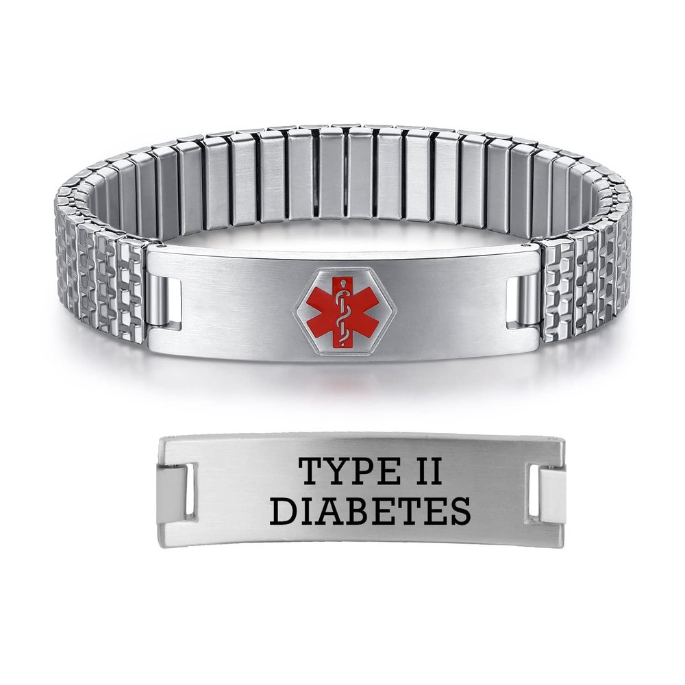 AOAMID Stretch Medical Alert Bracelets for Men Stainless Steel medical Bracelets for women with Free engraving-(type 2 diabetes-silver-7.75 in)