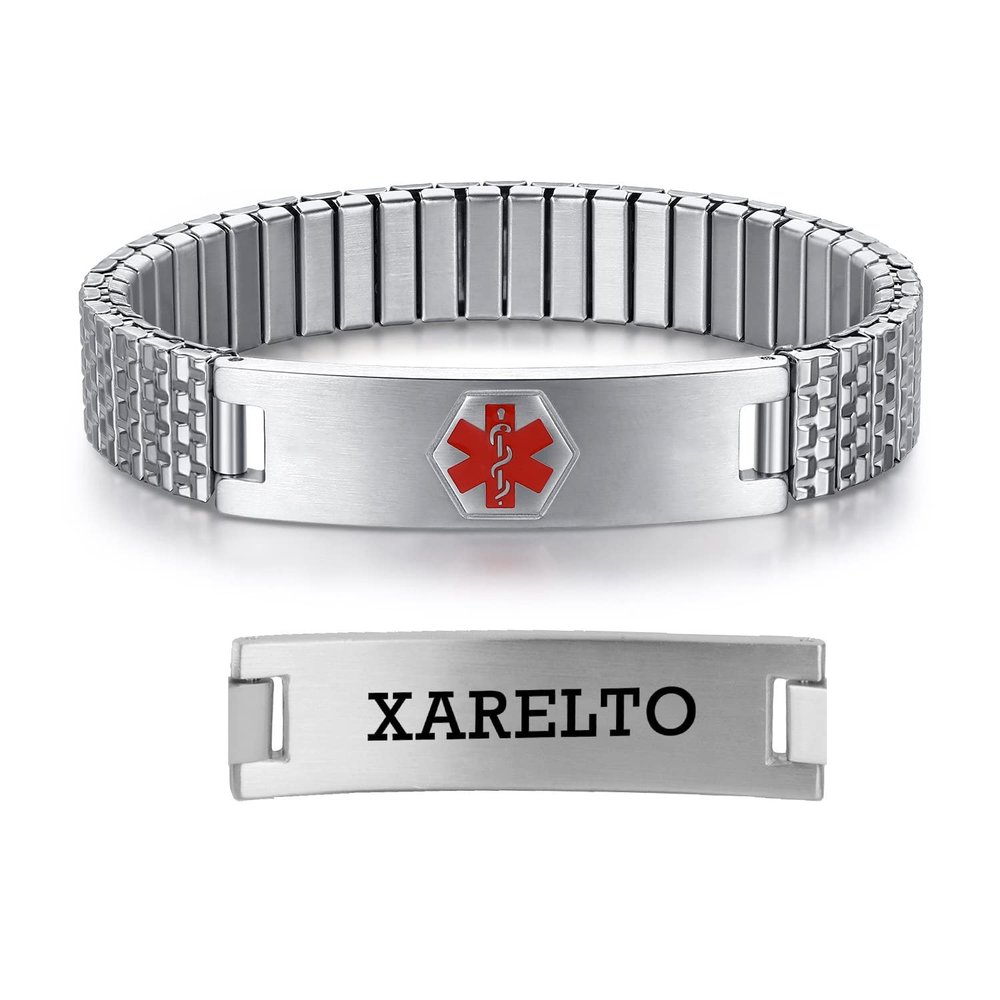 AOAMID Stretch Medical Alert Bracelets for Men Stainless Steel medical Bracelets for women with Free engraving-(xarelto-silver-8.5 in)