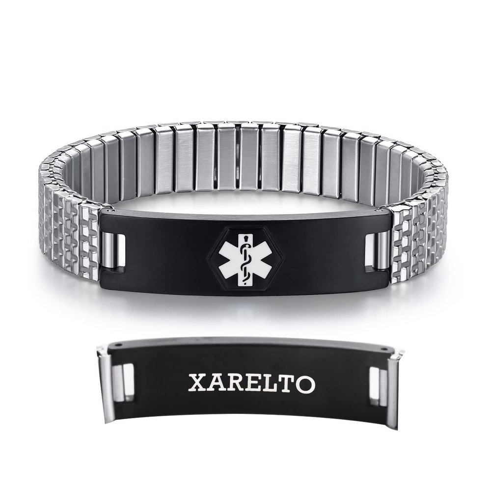 AOAMID Stretch Medical Alert Bracelets for Men Stainless Steel medical Bracelets for women with Free engraving-(xarelto-silver-black-8.5 in)