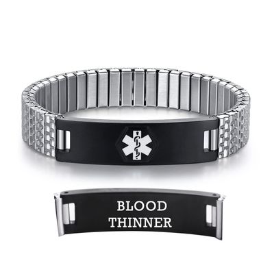AOAMID Stretch Medical Alert Bracelets for Men Stainless Steel medical Bracelets for women with Free engraving-(blood thinner-silver-black-8.5 in)