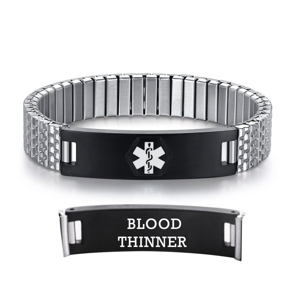 AOAMID Stretch Medical Alert Bracelets for Men Stainless Steel medical Bracelets for women with Free engraving-(blood thinner-silver-black-8.5 in)