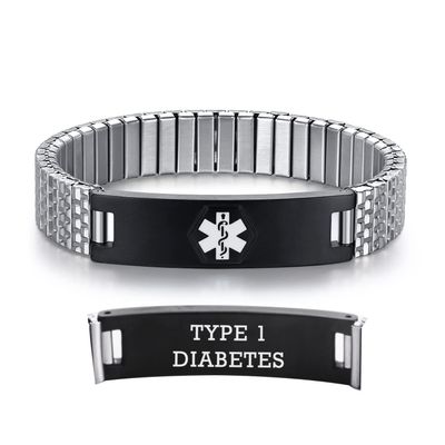 AOAMID Stretch Medical Alert Bracelets for Men Stainless Steel medical Bracelets for women with Free engraving-(type 1 diabetes-silver-black-7.75 in)