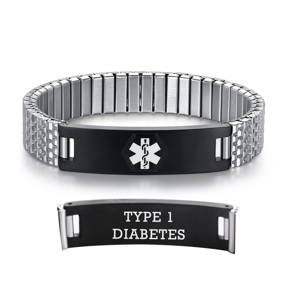 AOAMID Stretch Medical Alert Bracelets for Men Stainless Steel medical Bracelets for women with Free engraving-(type 1 diabetes-silver-black-7.75 in)