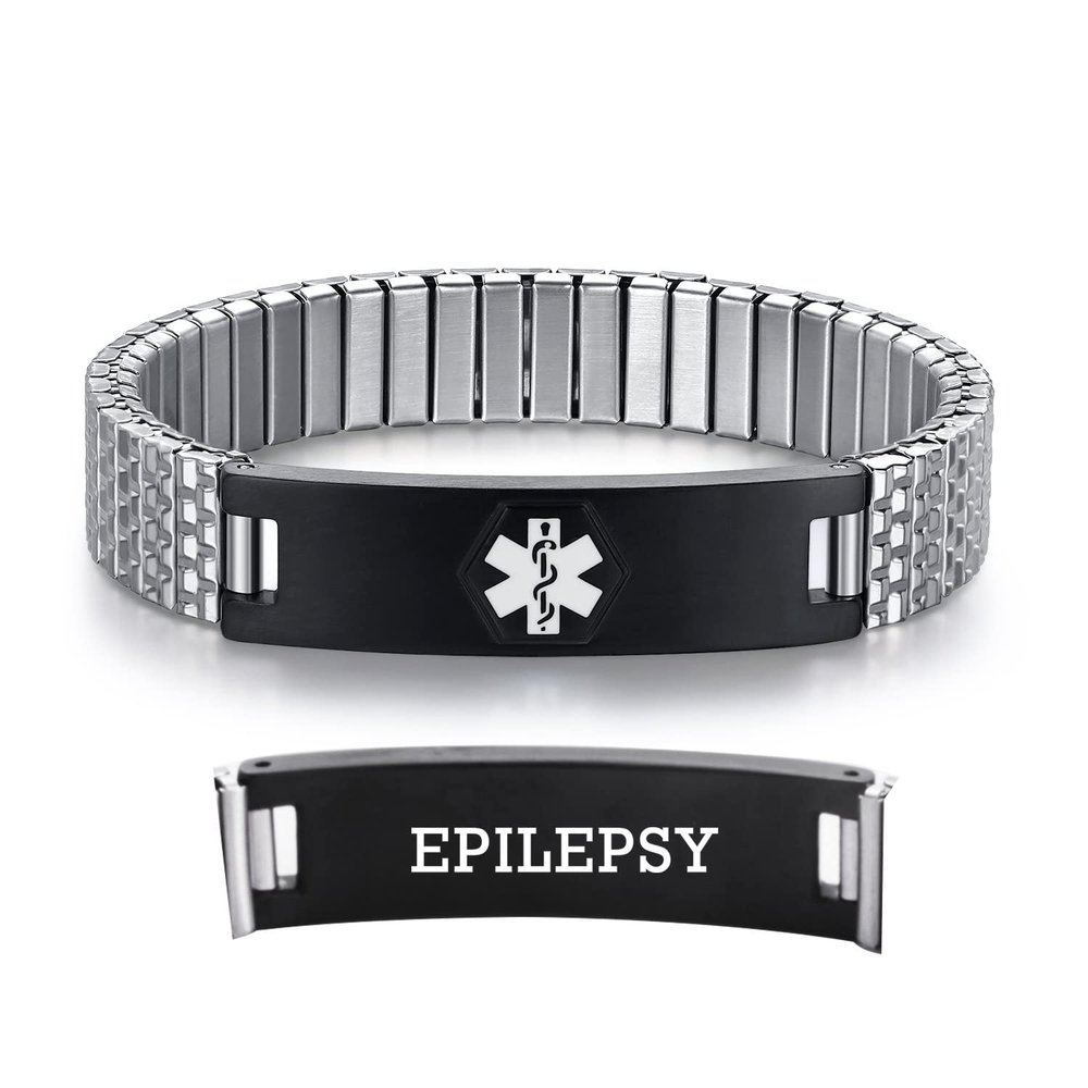 AOAMID Stretch Medical Alert Bracelets for Men Stainless Steel medical Bracelets for women with Free engraving-(epilepsy-silver-black-7.75 in)