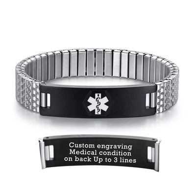 AOAMID Stretch Medical Alert Bracelets for Men Stainless Steel medical Bracelets for women with Free engraving-(Customize-silver-black-8.5 in)
