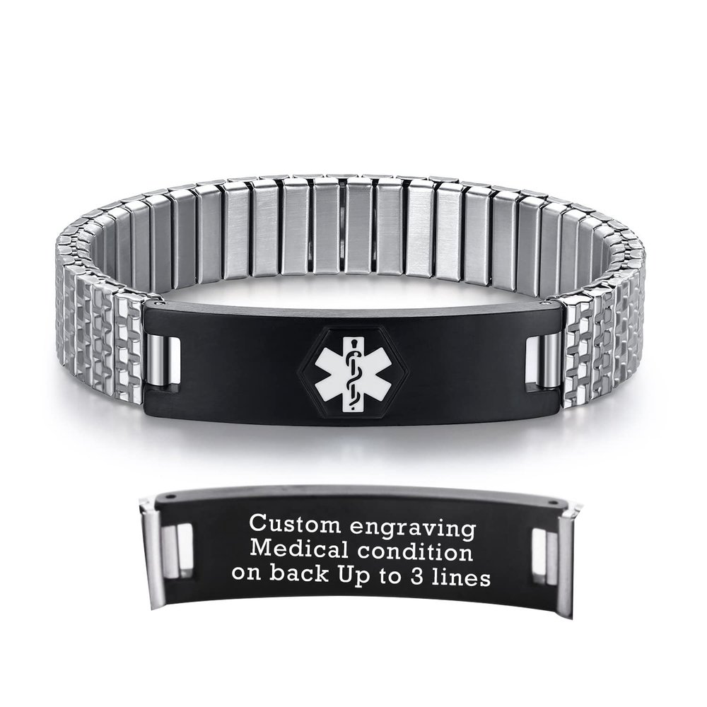 AOAMID Stretch Medical Alert Bracelets for Men Stainless Steel medical Bracelets for women with Free engraving-(Customize-silver-black-8.5 in)