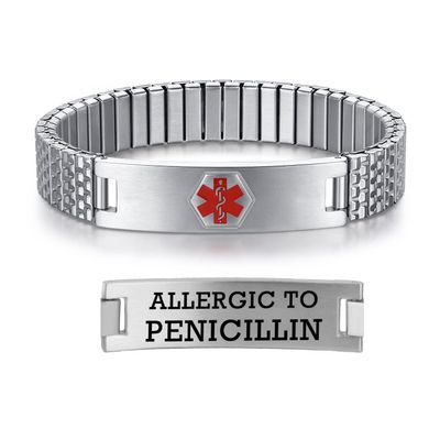 AOAMID Stretch Medical Alert Bracelets for Men Stainless Steel medical Bracelets for women with Free engraving-(allergy to penicillin-silver-7.75 in)
