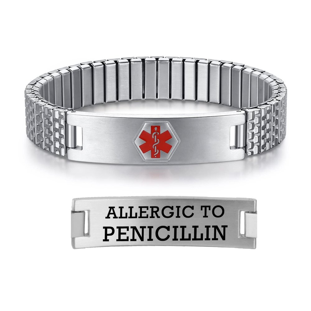 AOAMID Stretch Medical Alert Bracelets for Men Stainless Steel medical Bracelets for women with Free engraving-(allergy to penicillin-silver-7.75 in)