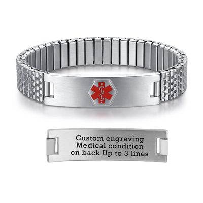 AOAMID Stretch Medical Alert Bracelets for Men Stainless Steel medical Bracelets for women with Free engraving-(Customize-silver-8.5 in)