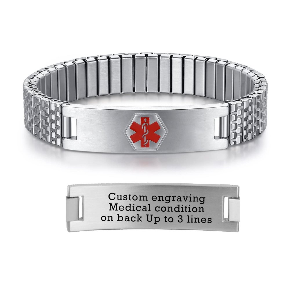 AOAMID Stretch Medical Alert Bracelets for Men Stainless Steel medical Bracelets for women with Free engraving-(Customize-silver-7.75 in)