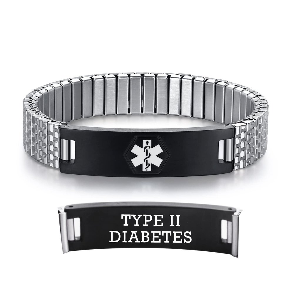 AOAMID Stretch Medical Alert Bracelets for Men Stainless Steel medical Bracelets for women with Free engraving-(type 2 diabetes-silver-black-7.75 in)