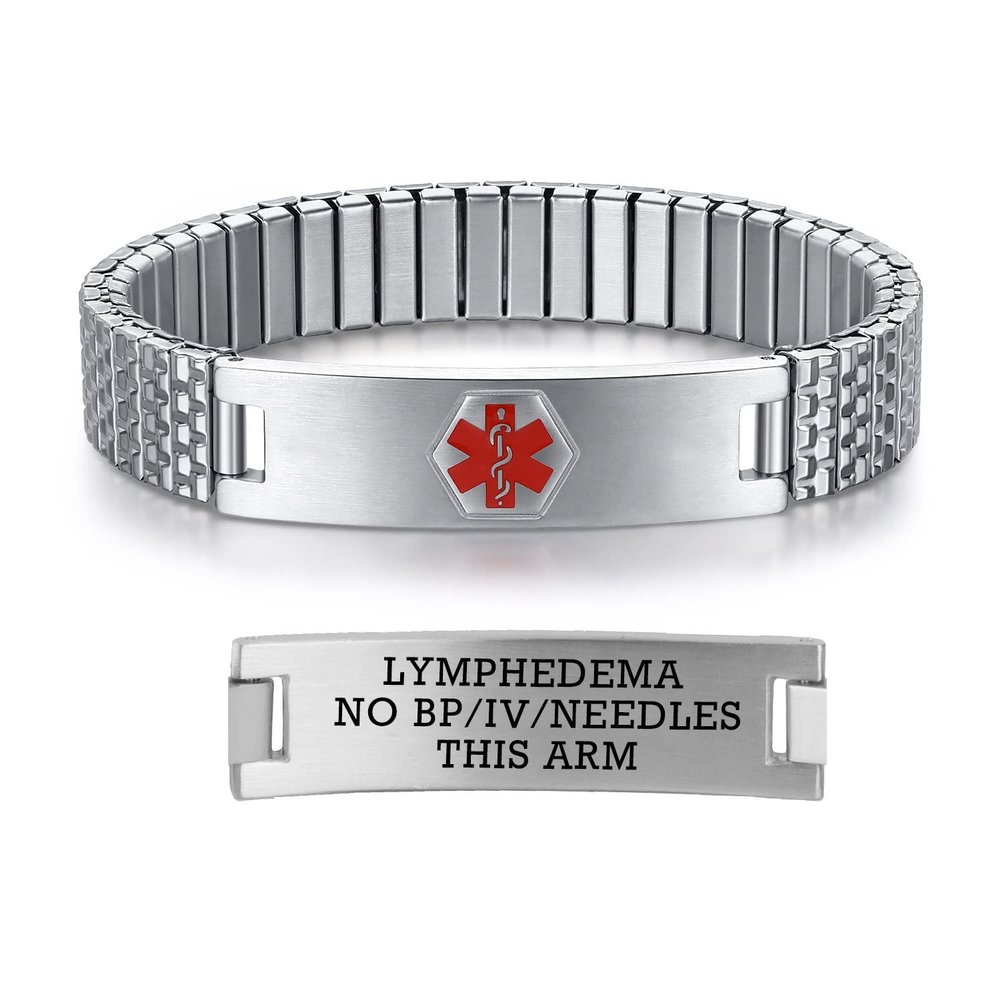 AOAMID Stretch Medical Alert Bracelets for Men Stainless Steel medical Bracelets for women with Free engraving-(lymphedema alert-silver-8.5 in)