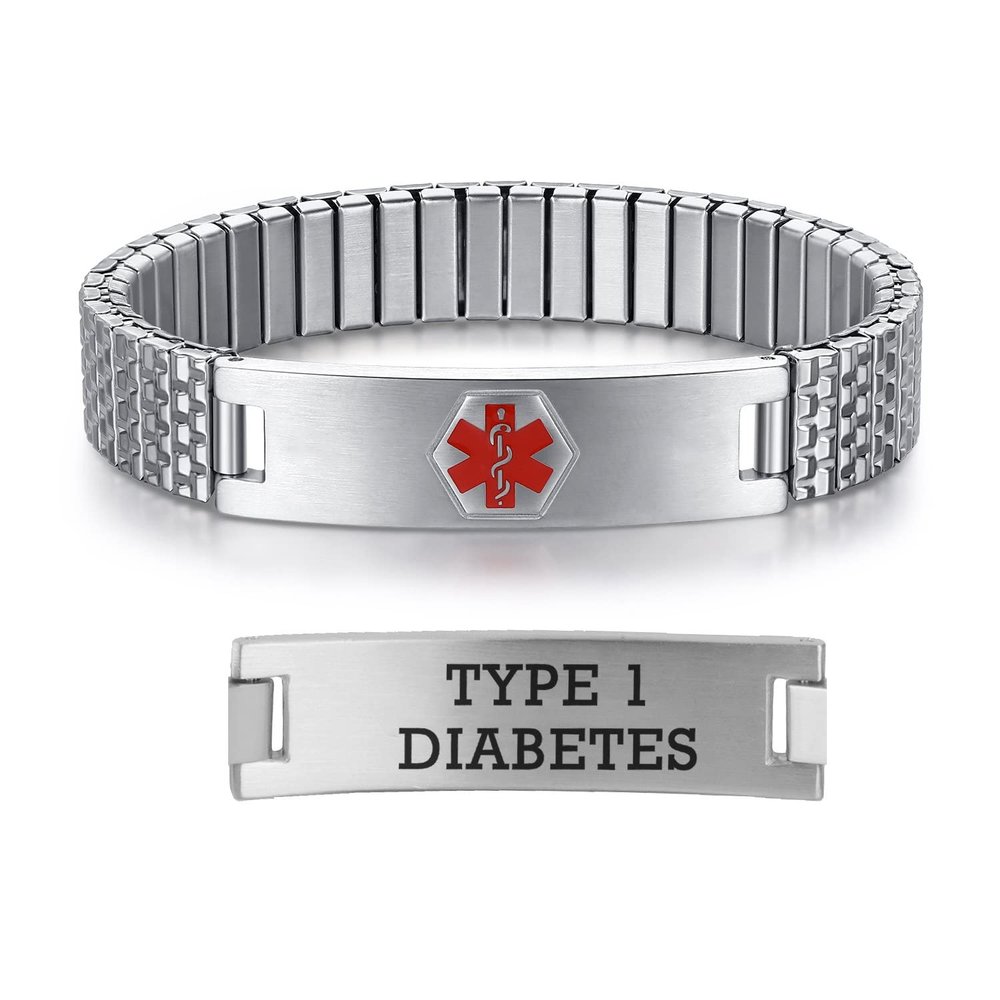 AOAMID Stretch Medical Alert Bracelets for Men Stainless Steel medical Bracelets for women with Free engraving-(type 1 diabetes-silver-8.5 in)