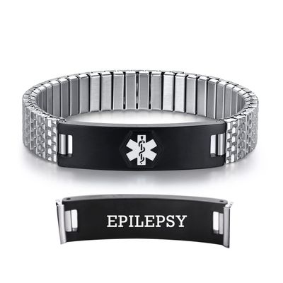 AOAMID Stretch Medical Alert Bracelets for Men Stainless Steel medical Bracelets for women with Free engraving-(epilepsy-silver-black-8.5 in)