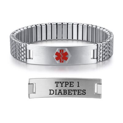 AOAMID Stretch Medical Alert Bracelets for Men Stainless Steel medical Bracelets for women with Free engraving-(type 1 diabetes-silver-7.75 in)