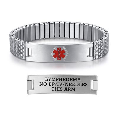 AOAMID Stretch Medical Alert Bracelets for Men Stainless Steel medical Bracelets for women with Free engraving-(lymphedema alert-silver-7.75 in)